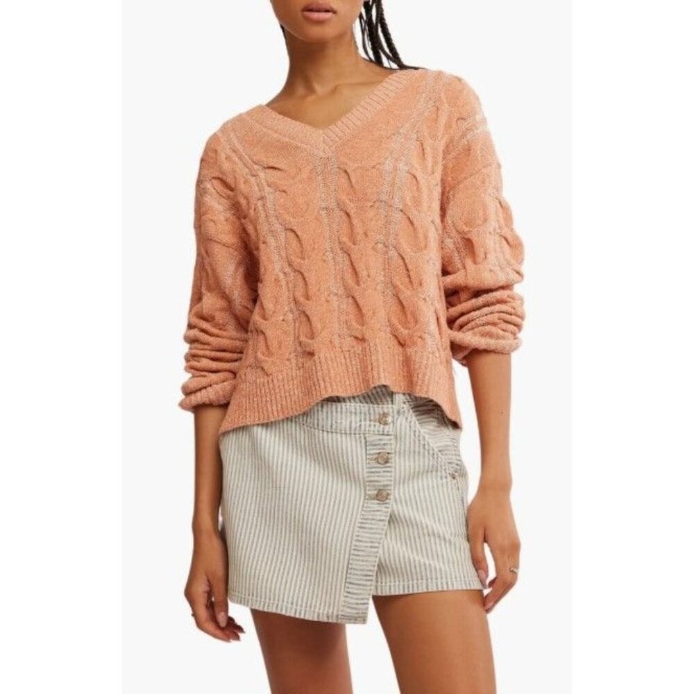 Free People Washed Cable Sweater XS Candied Melon NWT